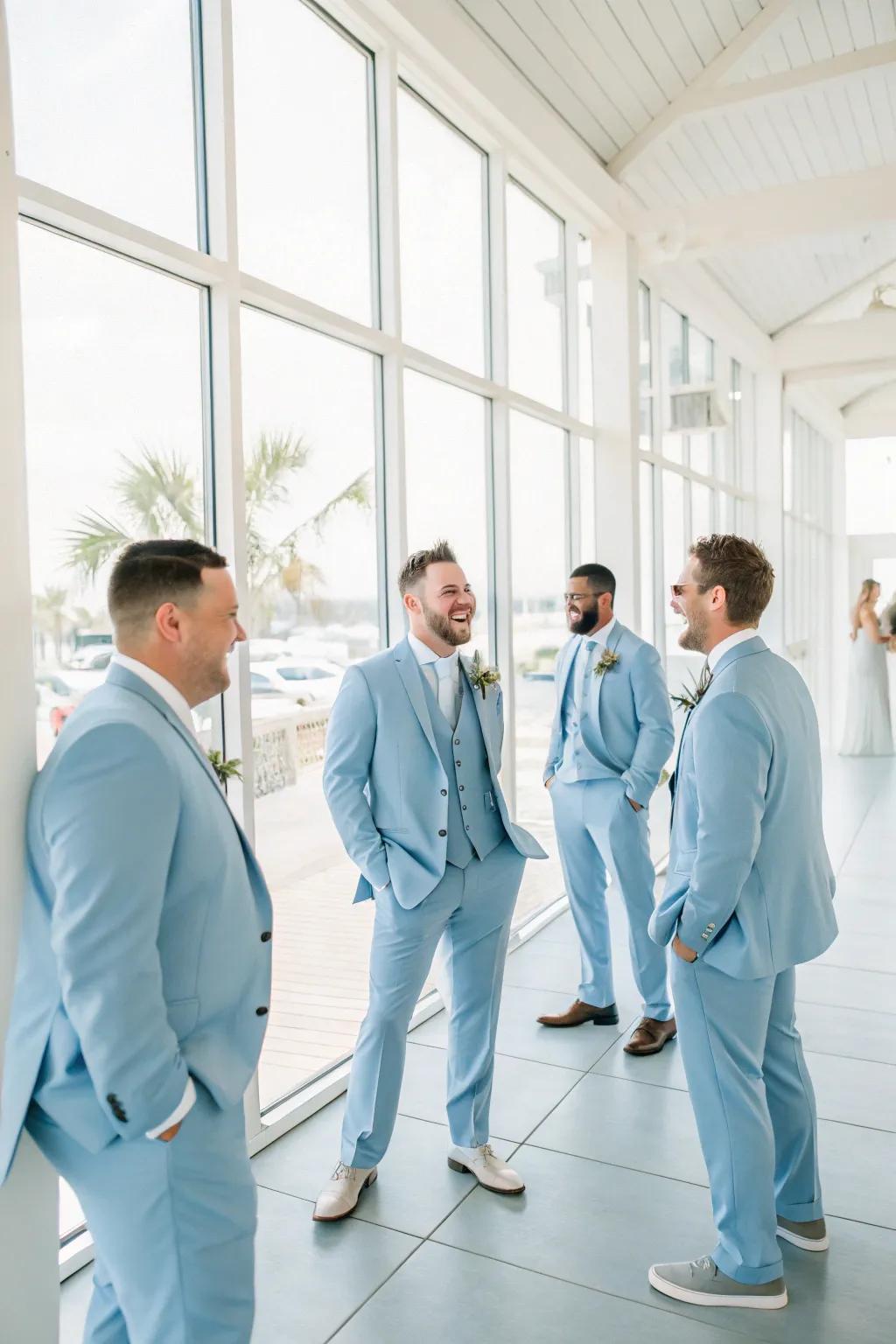 Light sky suits contribute a stylish impression to the groomsmen's attire.