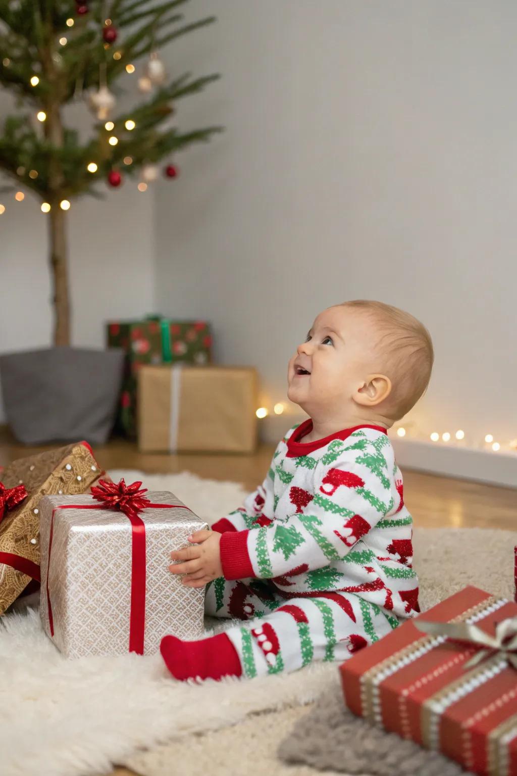 Celebratory nightwear enjoyment amidst a multitude of presents.