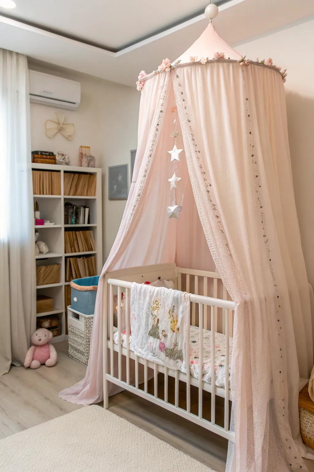 A canopy over the crib creates a dreamy atmosphere.