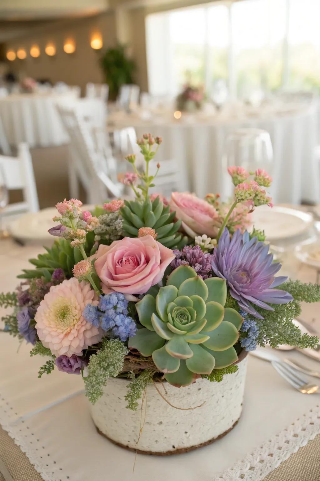 A contemporary centerpiece featuring desert roses and blossoms