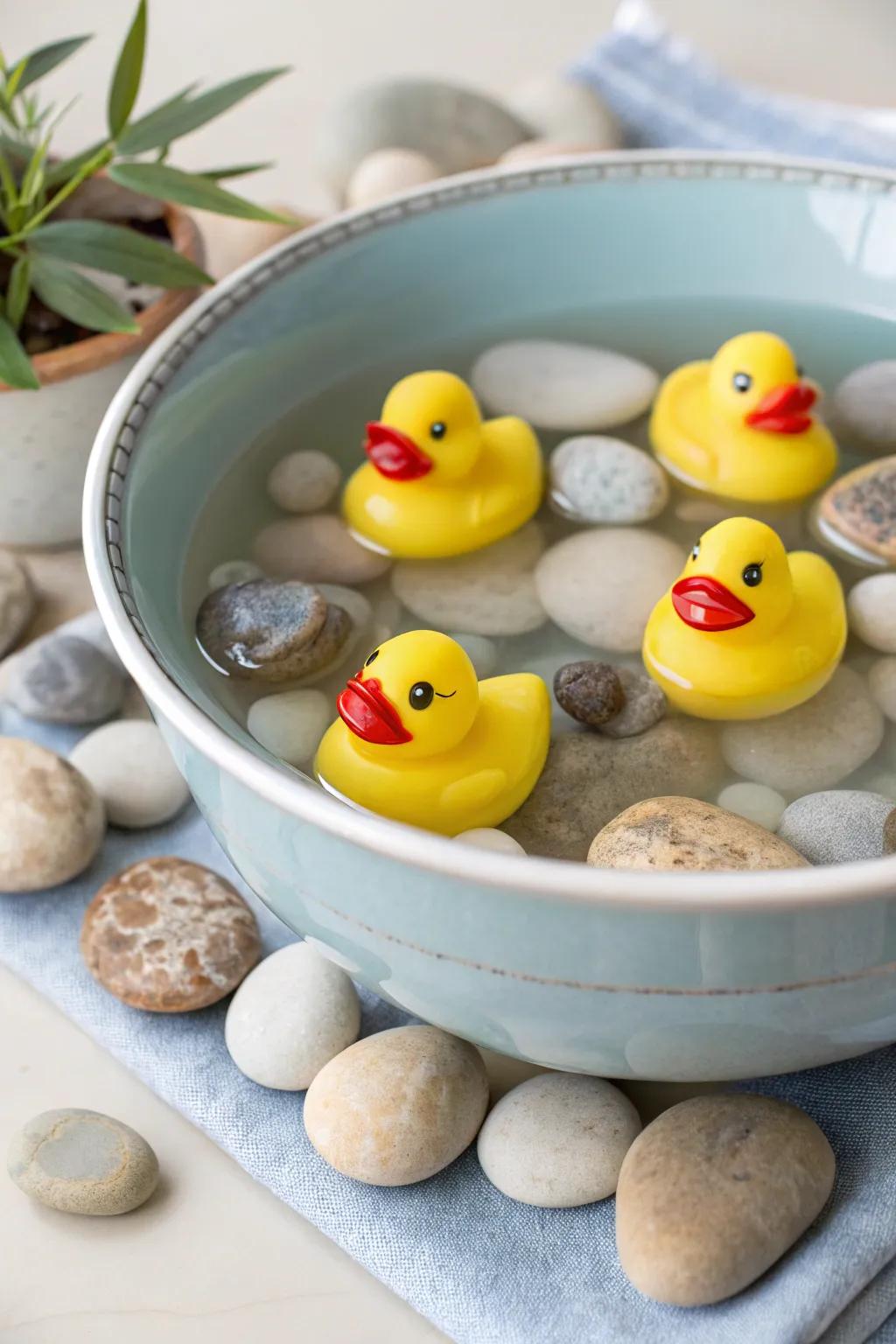 Drifting ducks supply a playful, joyous core.