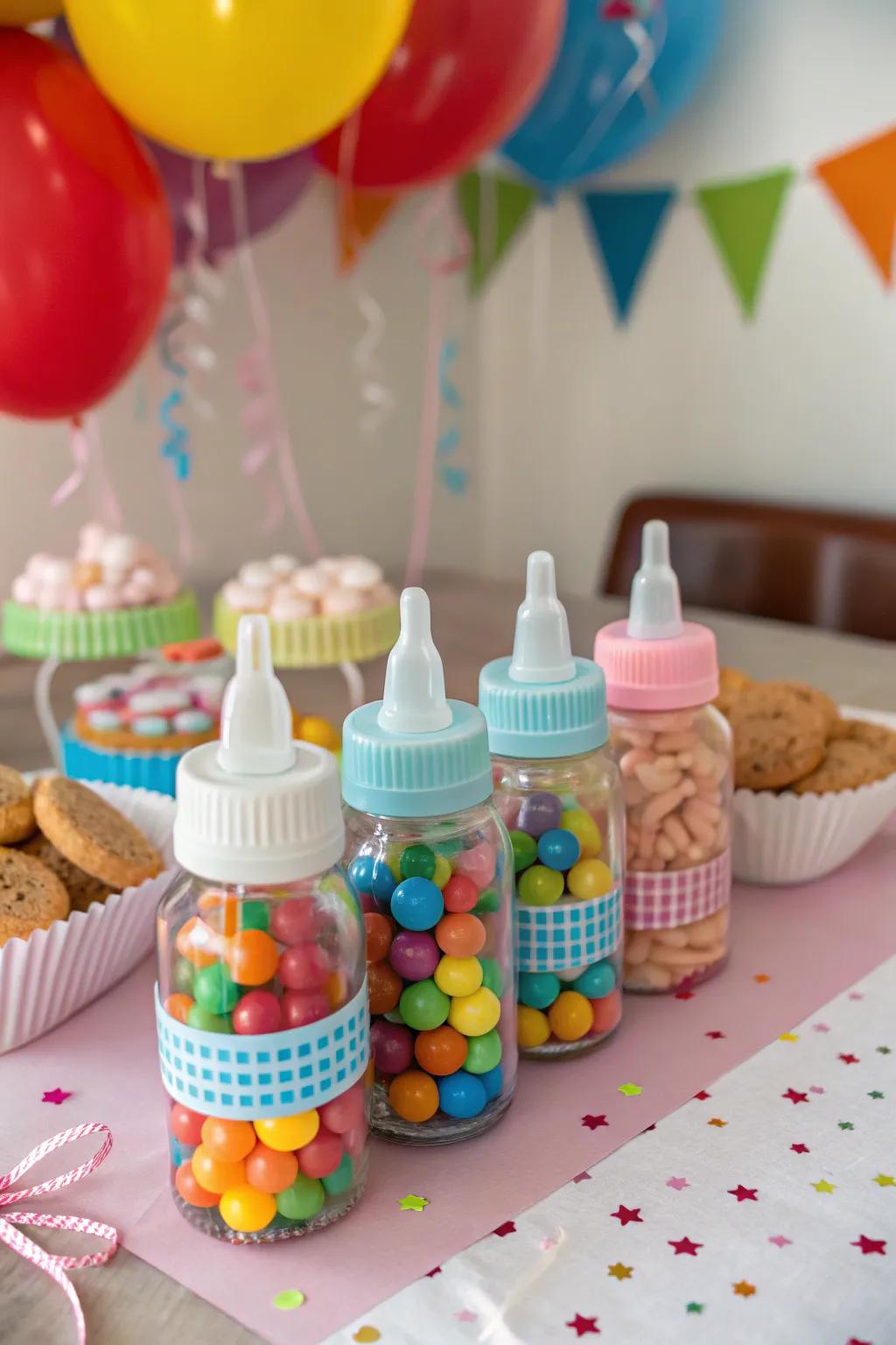 Infant bottles constitute charming packaging intended for petite sweet treats.