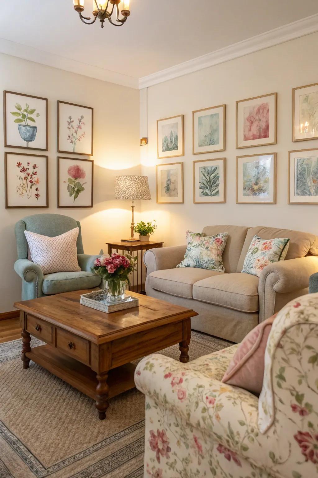 Gentle artistic pieces cultivate an unstressed and welcoming atmosphere.