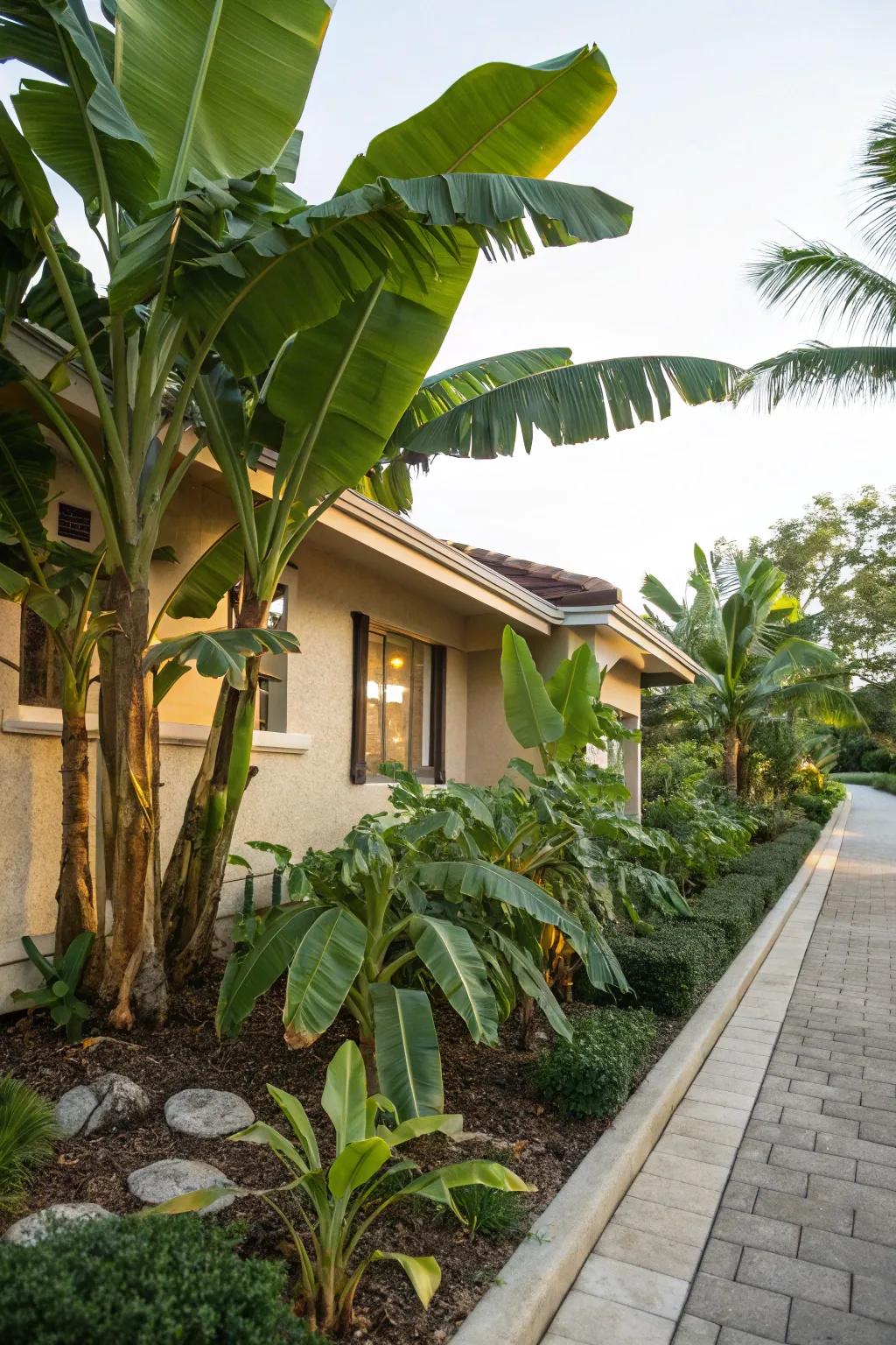 Soften your home's design with banana trees as foundation plants.