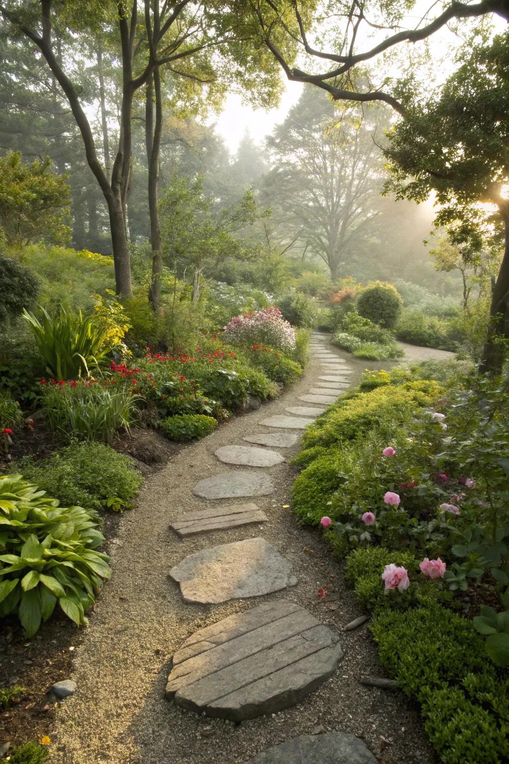 Mix textures with finely crushed rock and paving stones for a visually intriguing garden path.