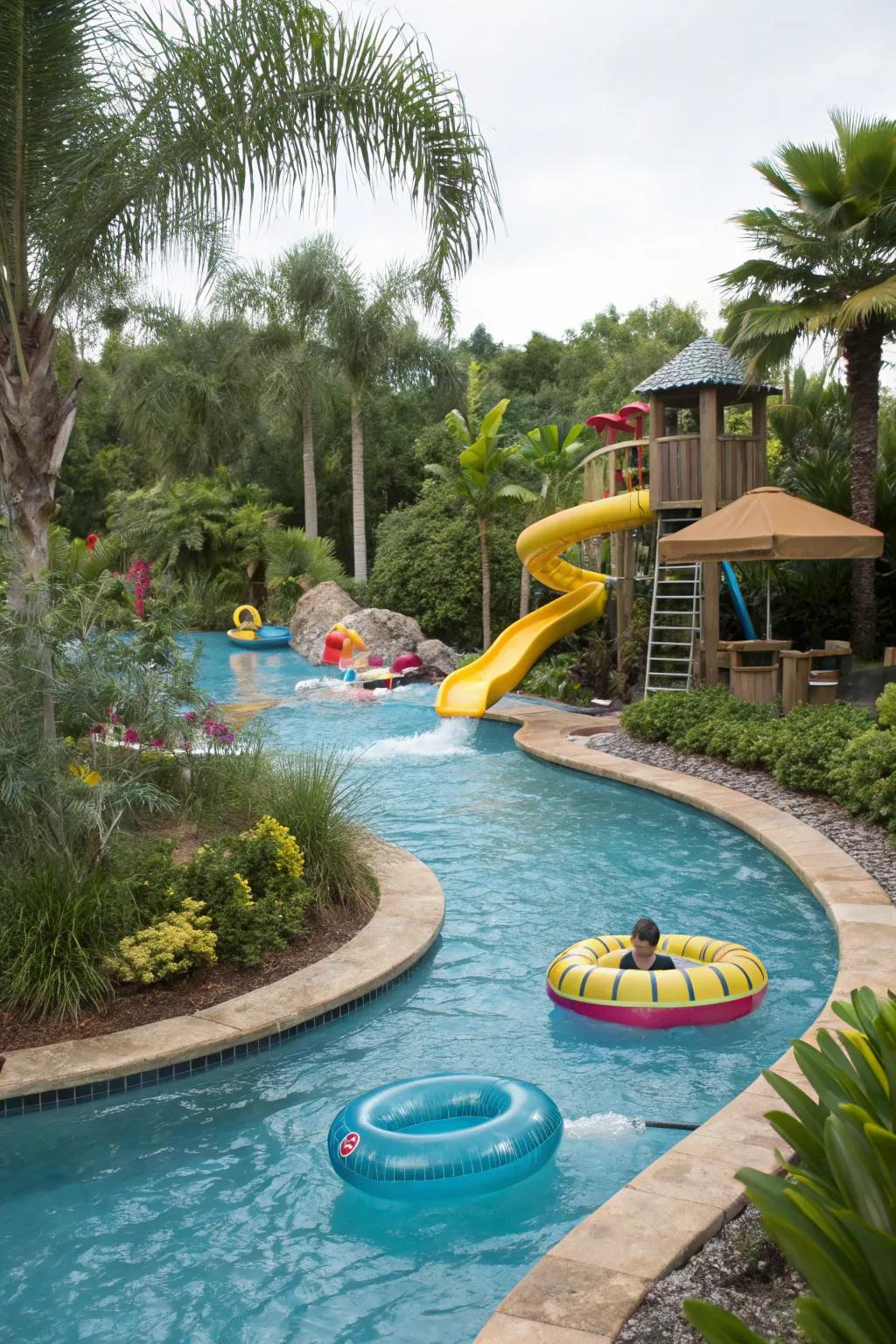 A playful meandering pool with a chute for boundless enjoyment.