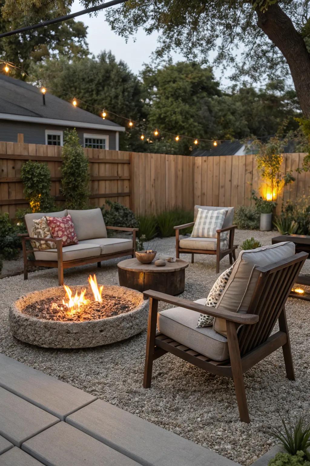 Loose rock flooring around a fire pit crafts a comfy and welcoming patio space.