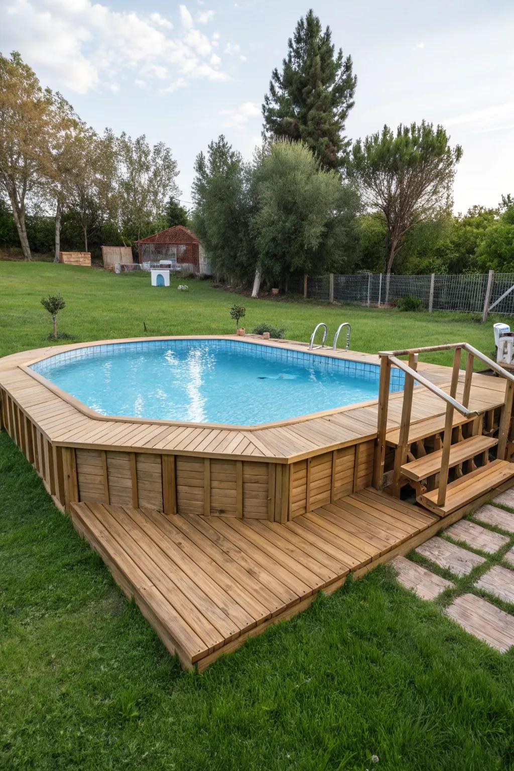 An above-ground pool elevated with custom boardwalks.