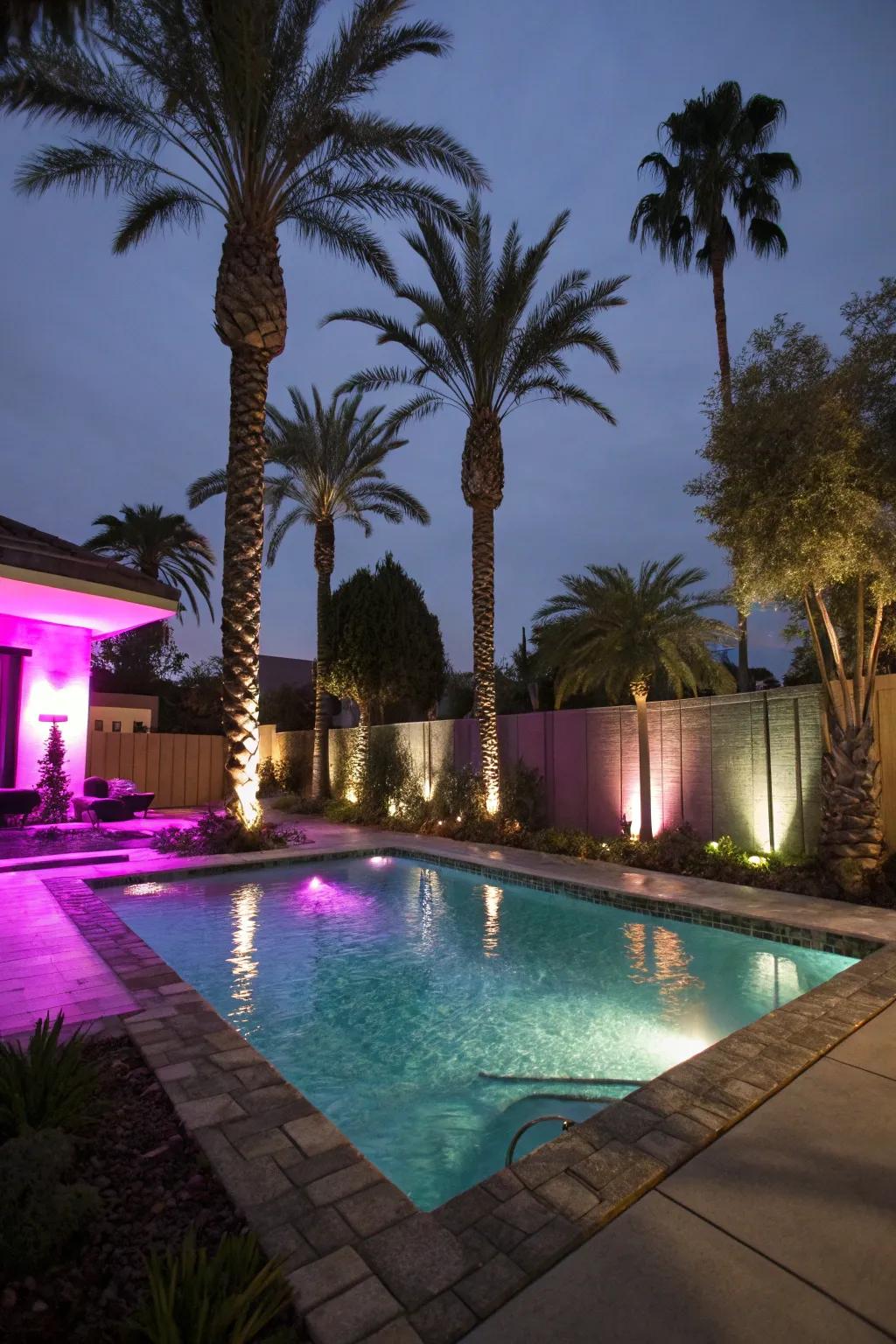 Nighttime illumination transmutes the pool zone into a magical haven.
