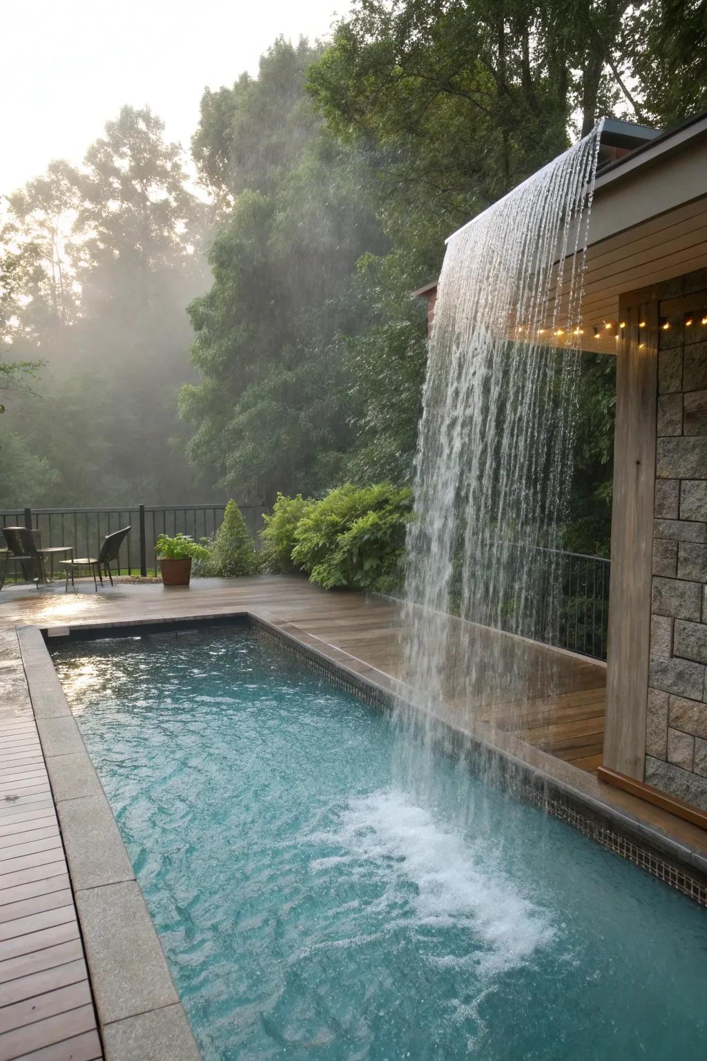 A shower drape showcases a spellbinding display on your poolside.
