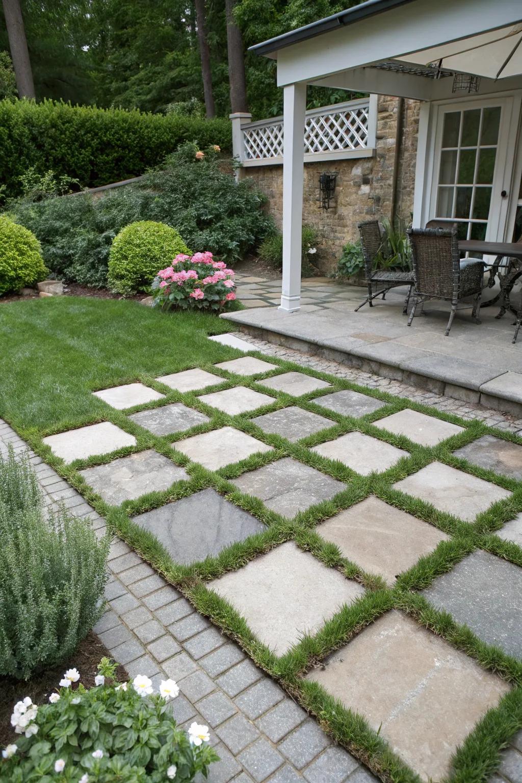 A checkerboard design harmonizes hardscape and greenery beautifully.