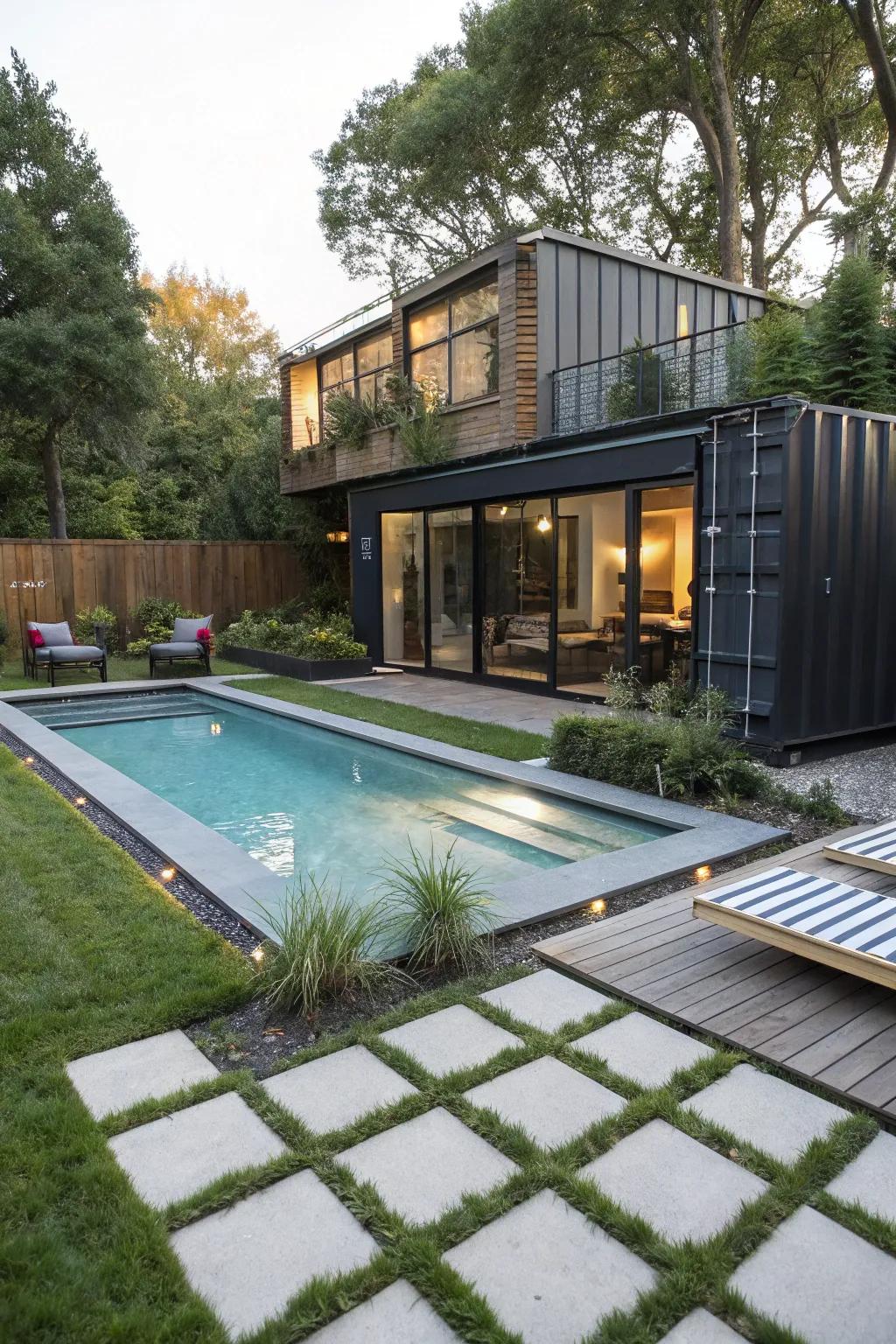 A shipping container pool offers a unique and modern touch.