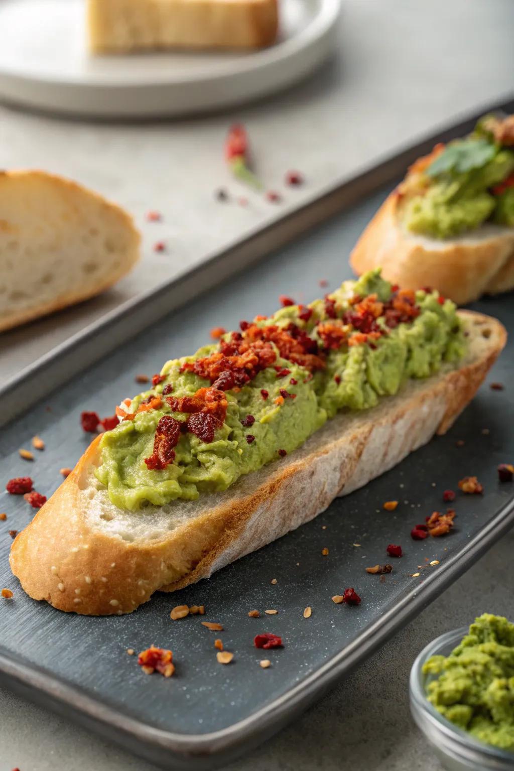 Green fruit mixture accompanied by a spicy component, perfect for an energetic appetizer.