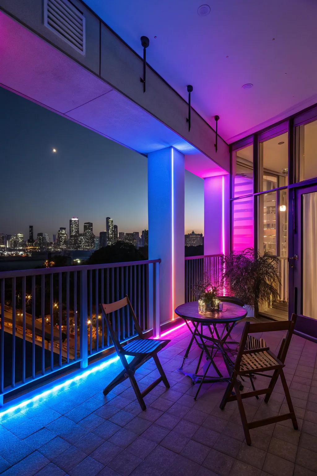 Chromatic LED lights allow for adaptable and vibrant balcony lighting.