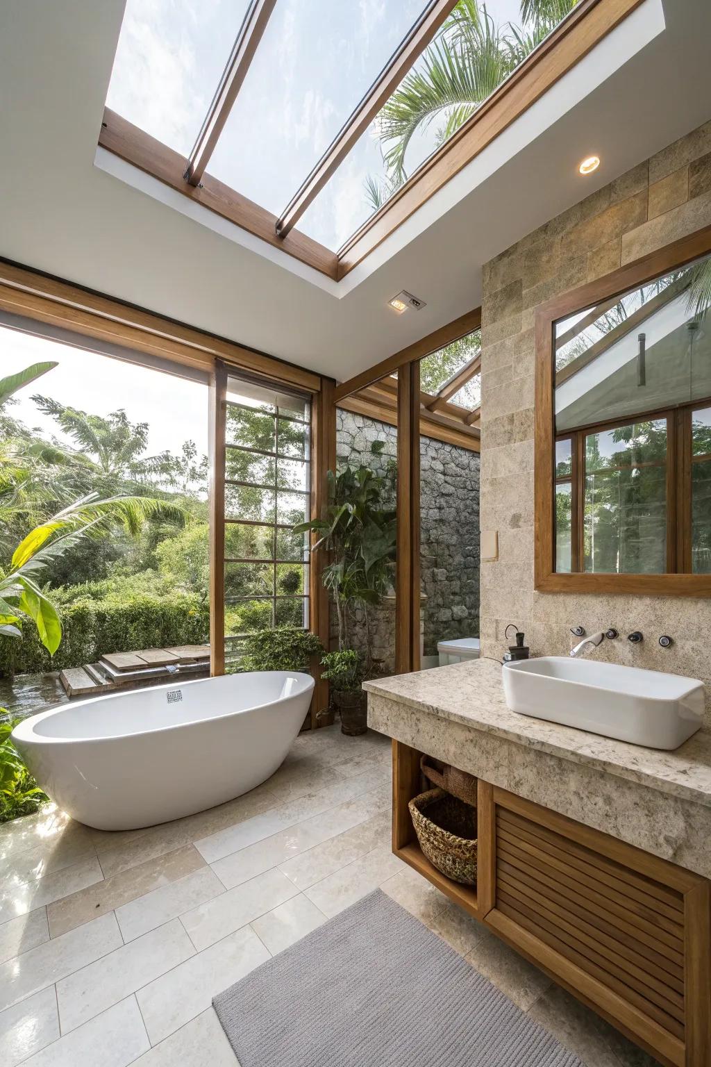 Skylights and expansive windows invite abundant sunlight.