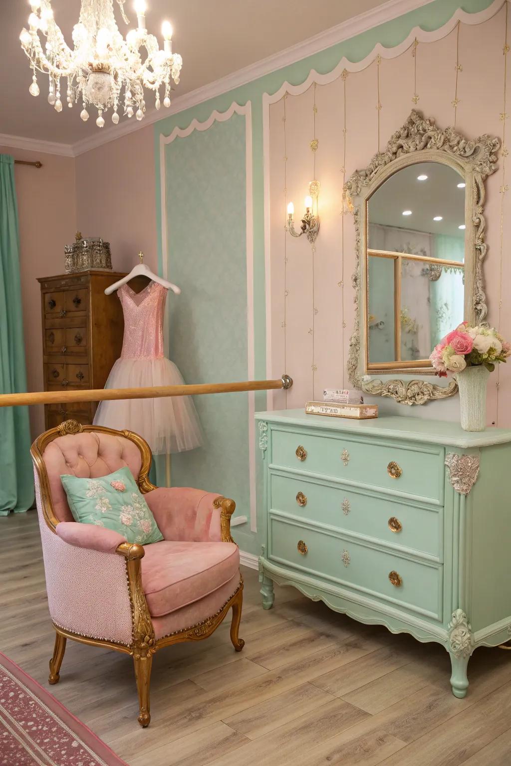 Vintage furniture introduces a timeless sophistication to the design.