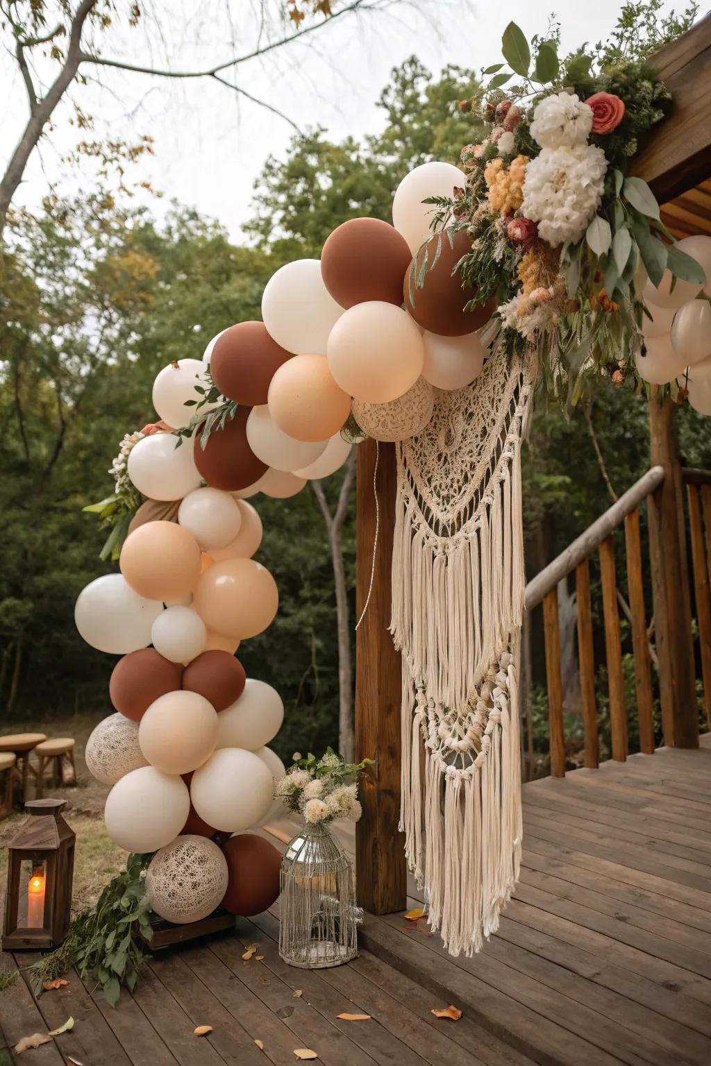 Boho balloon garland for a rustic celebration.
