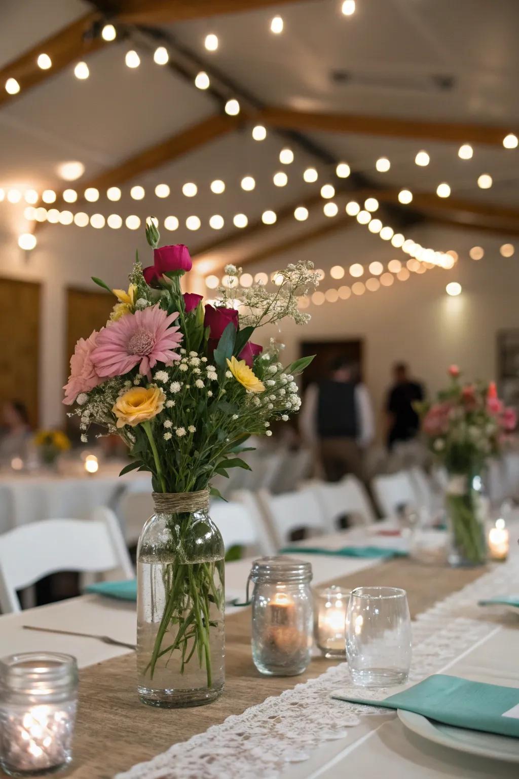 Mason jars conjuring a vintage appeal with blossoms and lights.