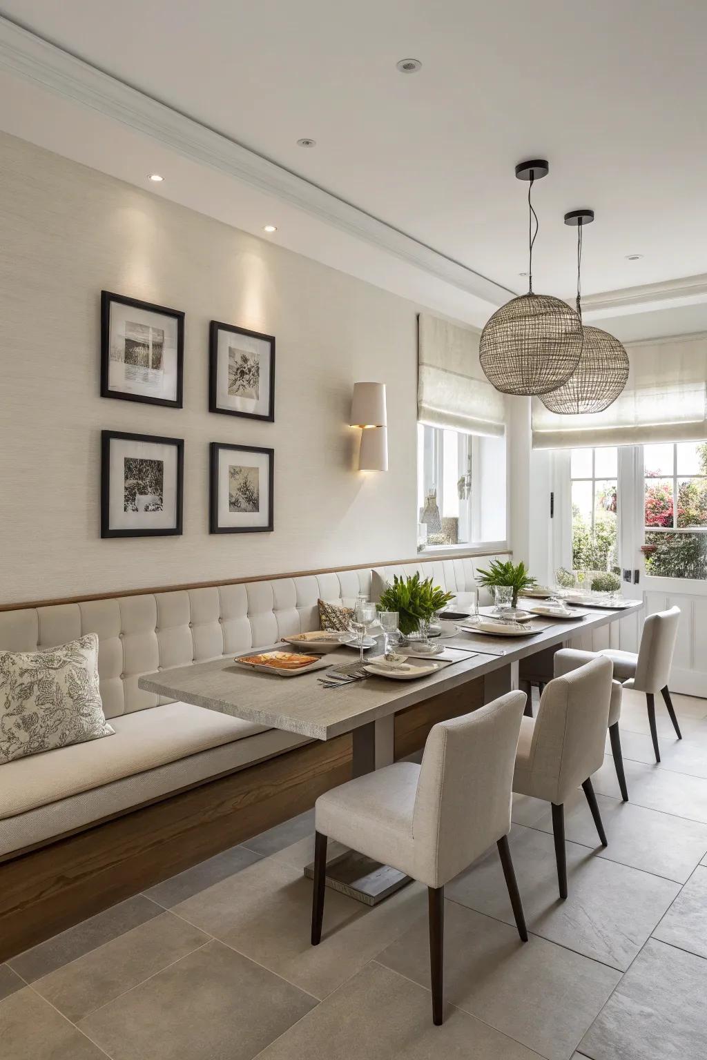 A modern dining room with a drifting banquette, offering a sleek and contemporary feel.