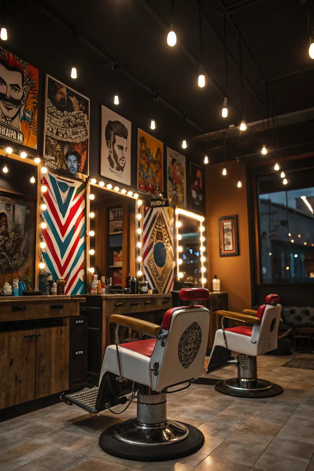 Accent illumination breathing life into artistic components within a barbershop.