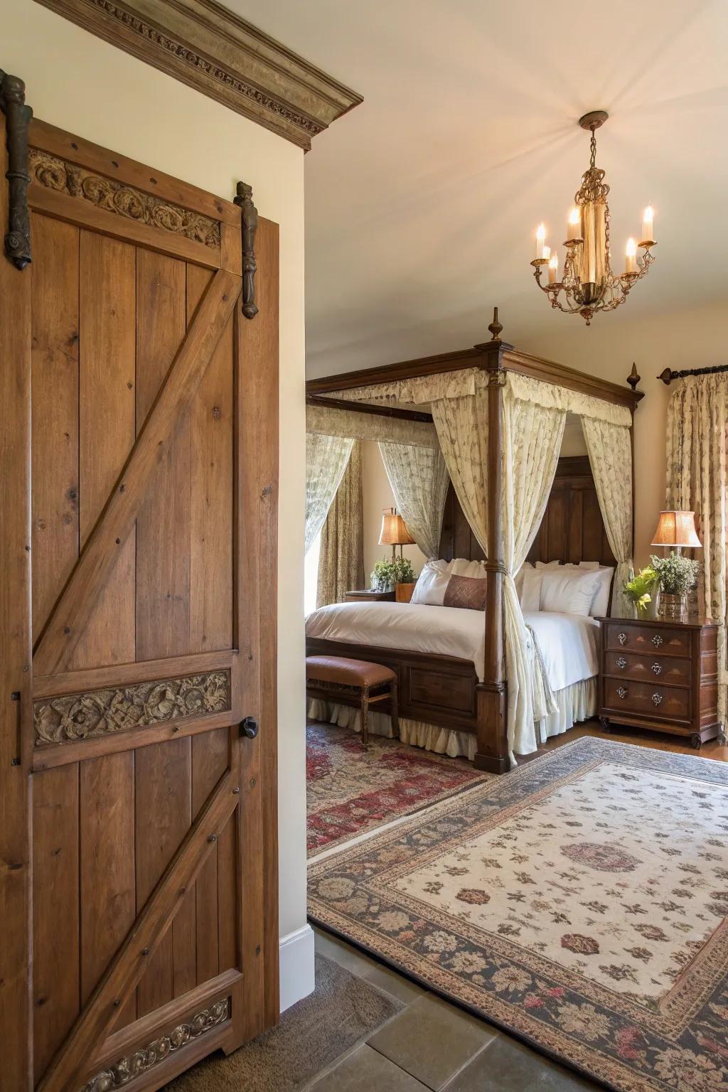 A classic paneled barn door adds elegance to this traditional bedroom.