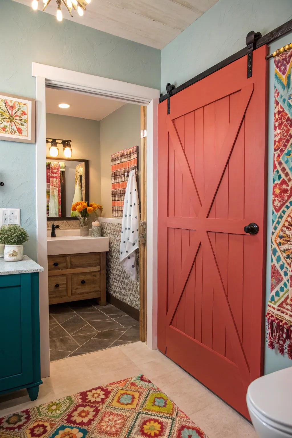 A painted barn door adds a vibrant pop of color to any bathroom.