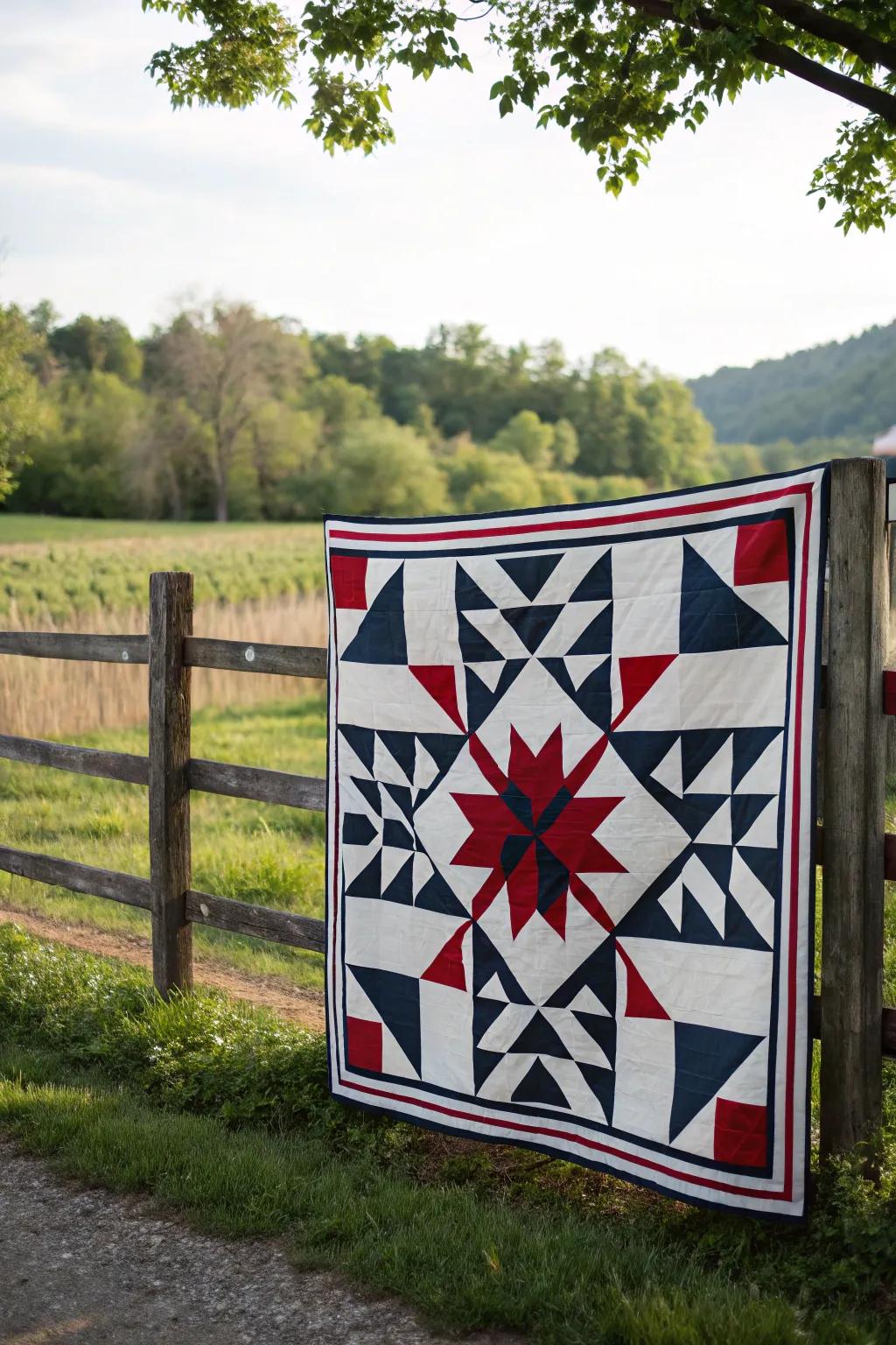 Symmetrical geometric quilt pattern.