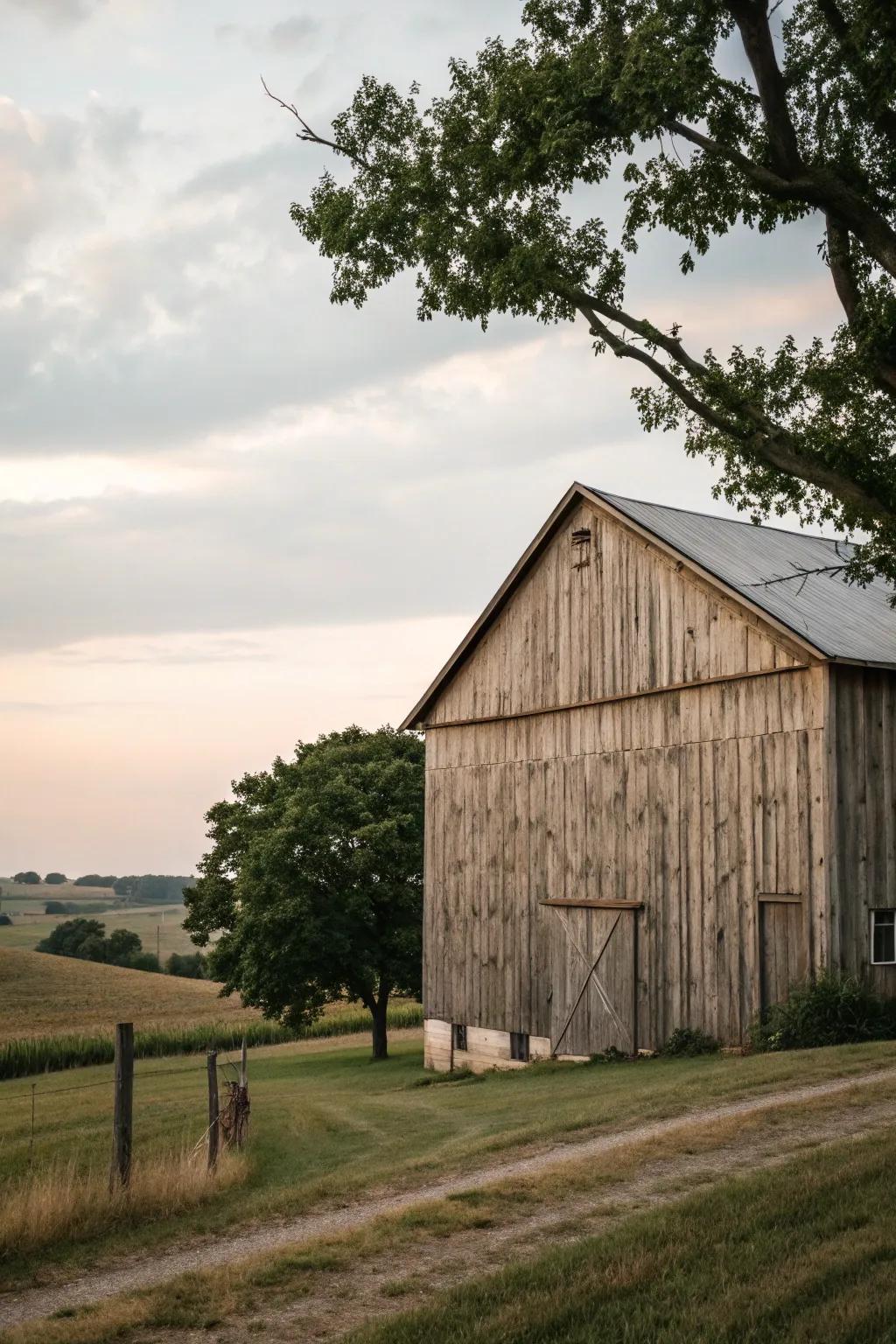 A barn is covered in T1-11 siding, blending texture with practicality.