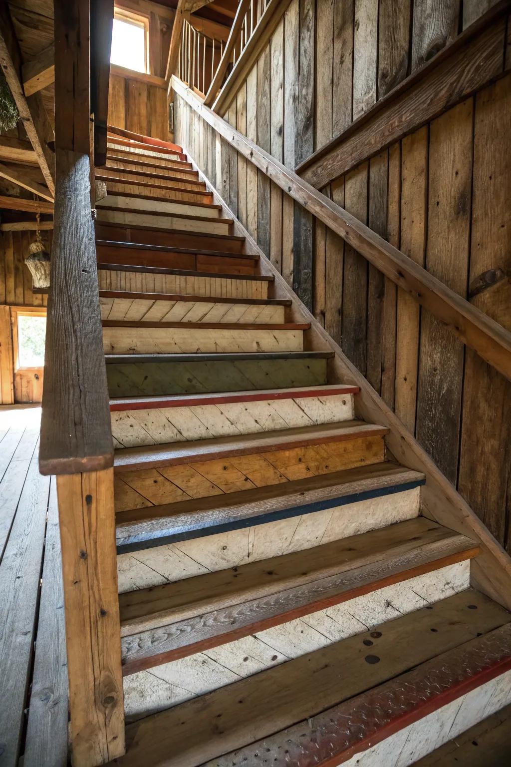 Multi-hue timber patterns inject visual vibrancy into barn stairs.