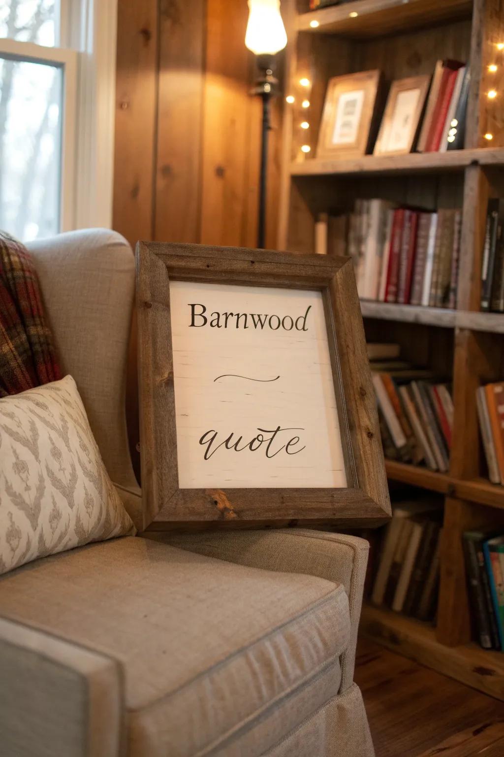 A reclaimed wood frame featuring bespoke artwork and a saying.