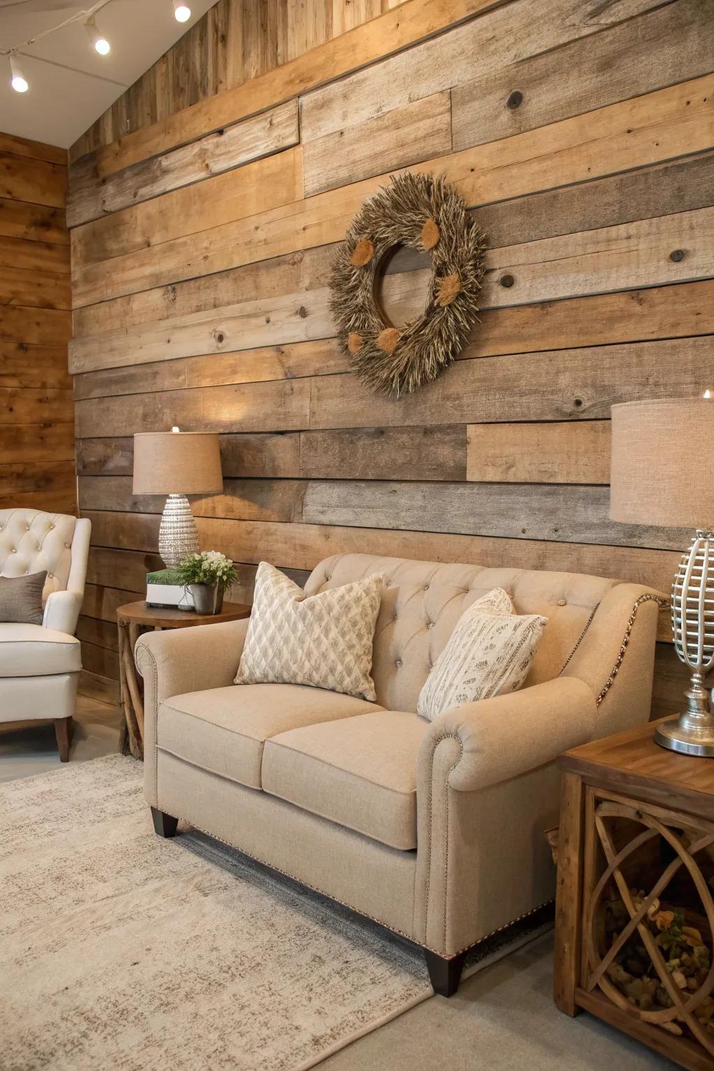 Neutral decor balancing a barnwood wall.