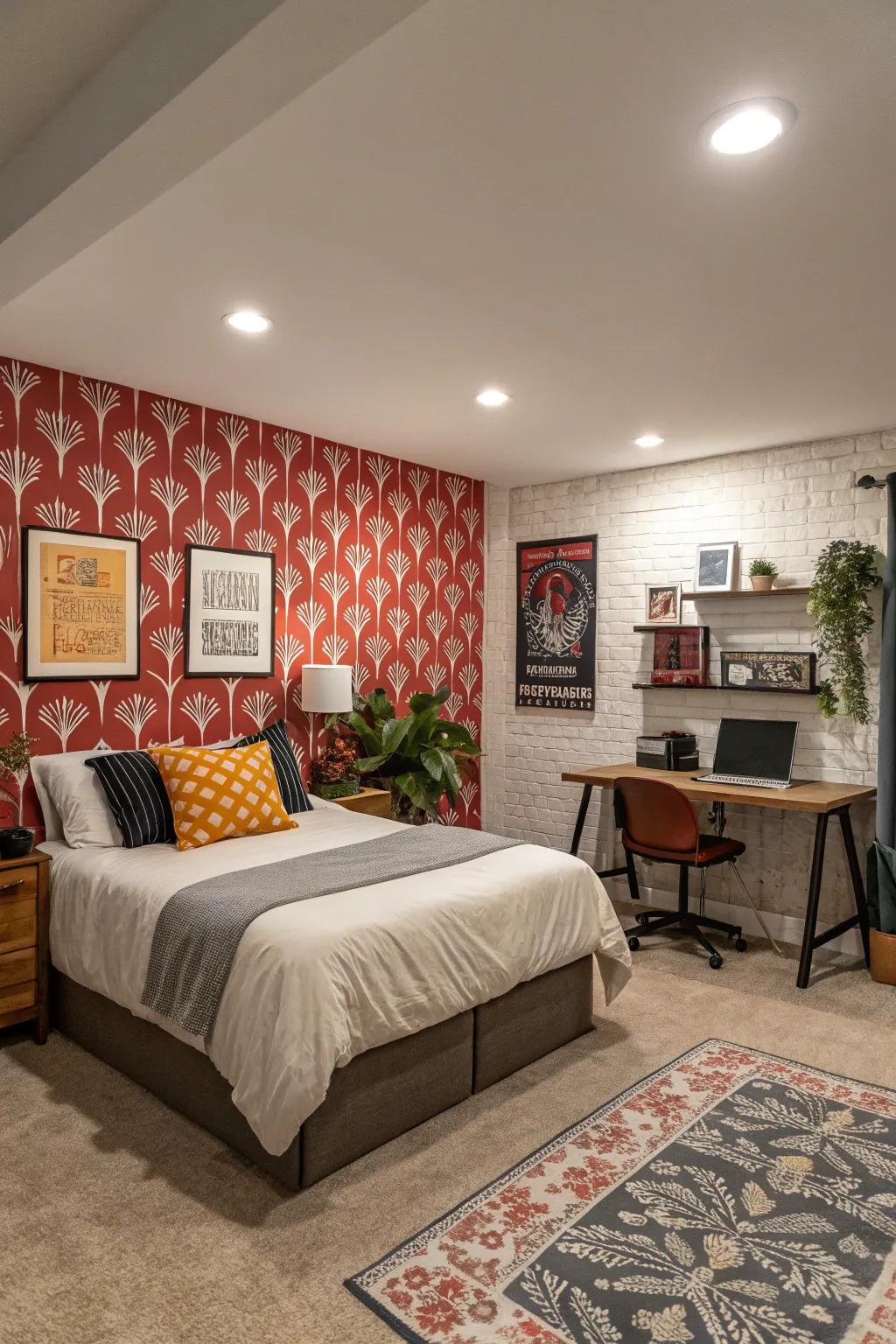 A bold accent wall with peel-and-stick wallpaper brings style to this basement bedroom.