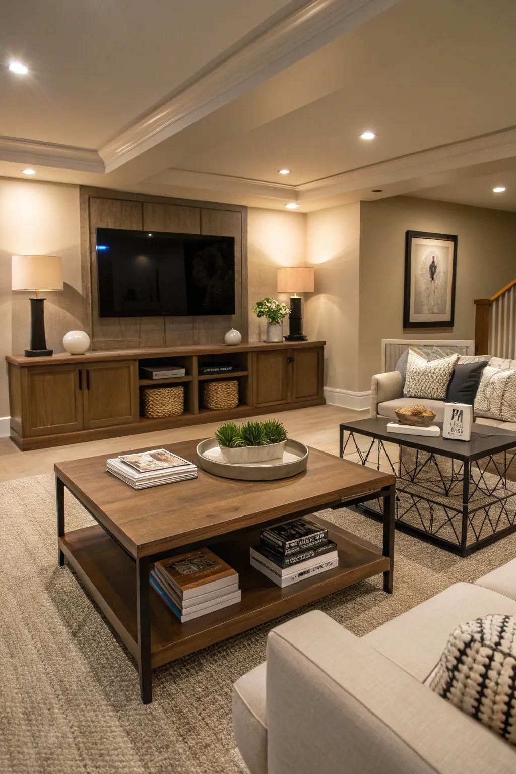 Accent furniture brings both style and function to this basement family area.