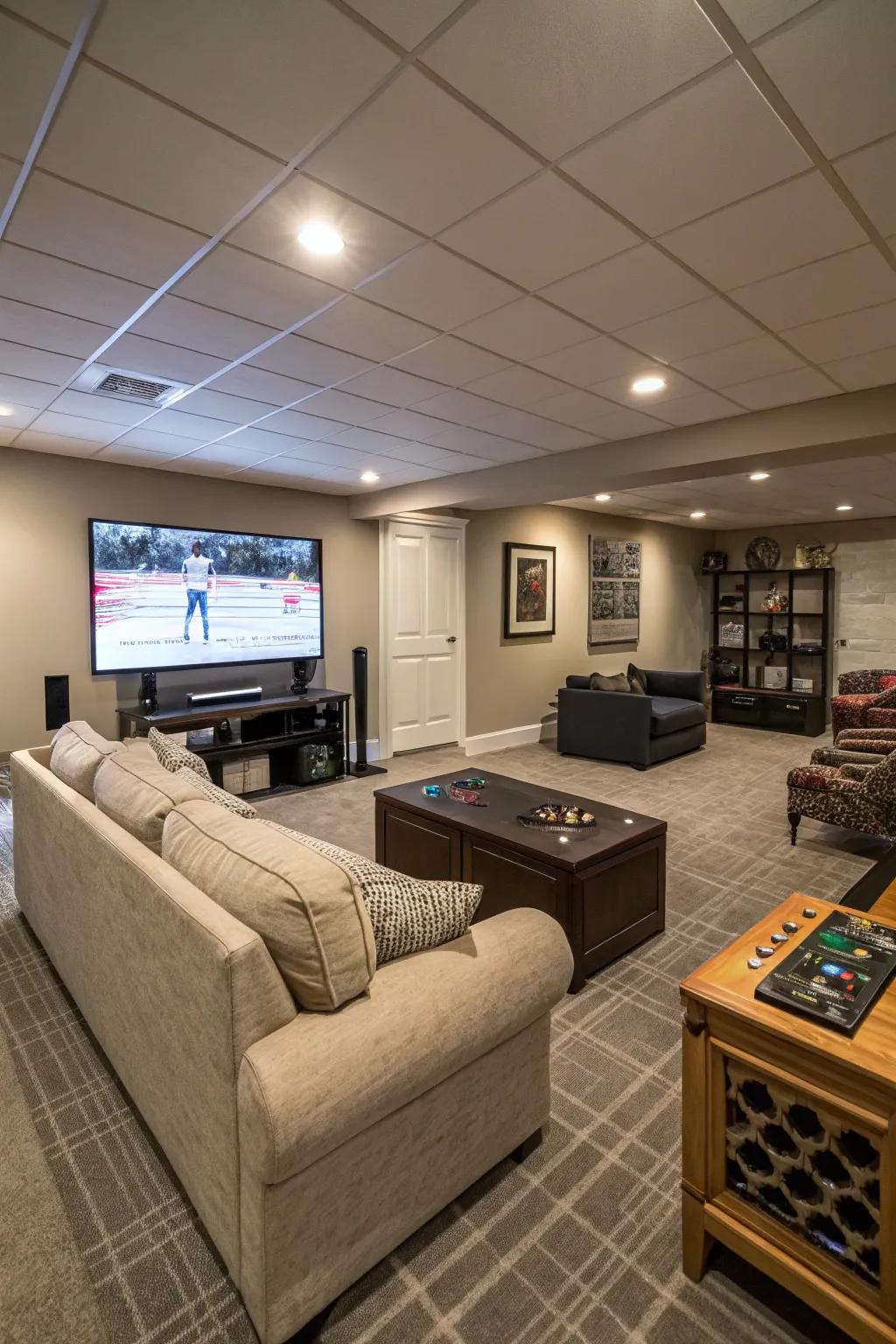 A multipurpose media room layout is suitable for gaming and get-togethers.