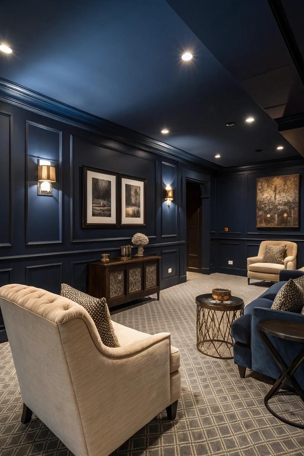 Navy blue walls foster a dramatic and elegant atmosphere.