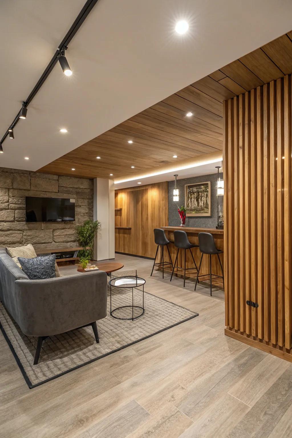 Wood slats offer an eco-friendly and stylish paneling solution.