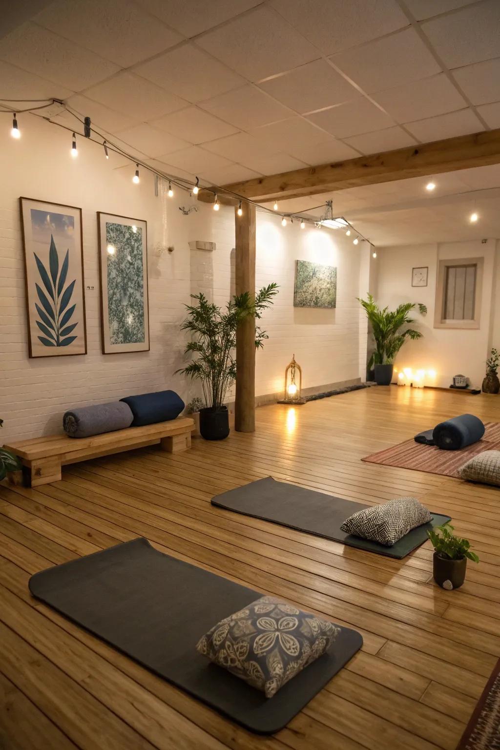 A serene yoga space is located in the basement, adorned with natural components and soft lighting.