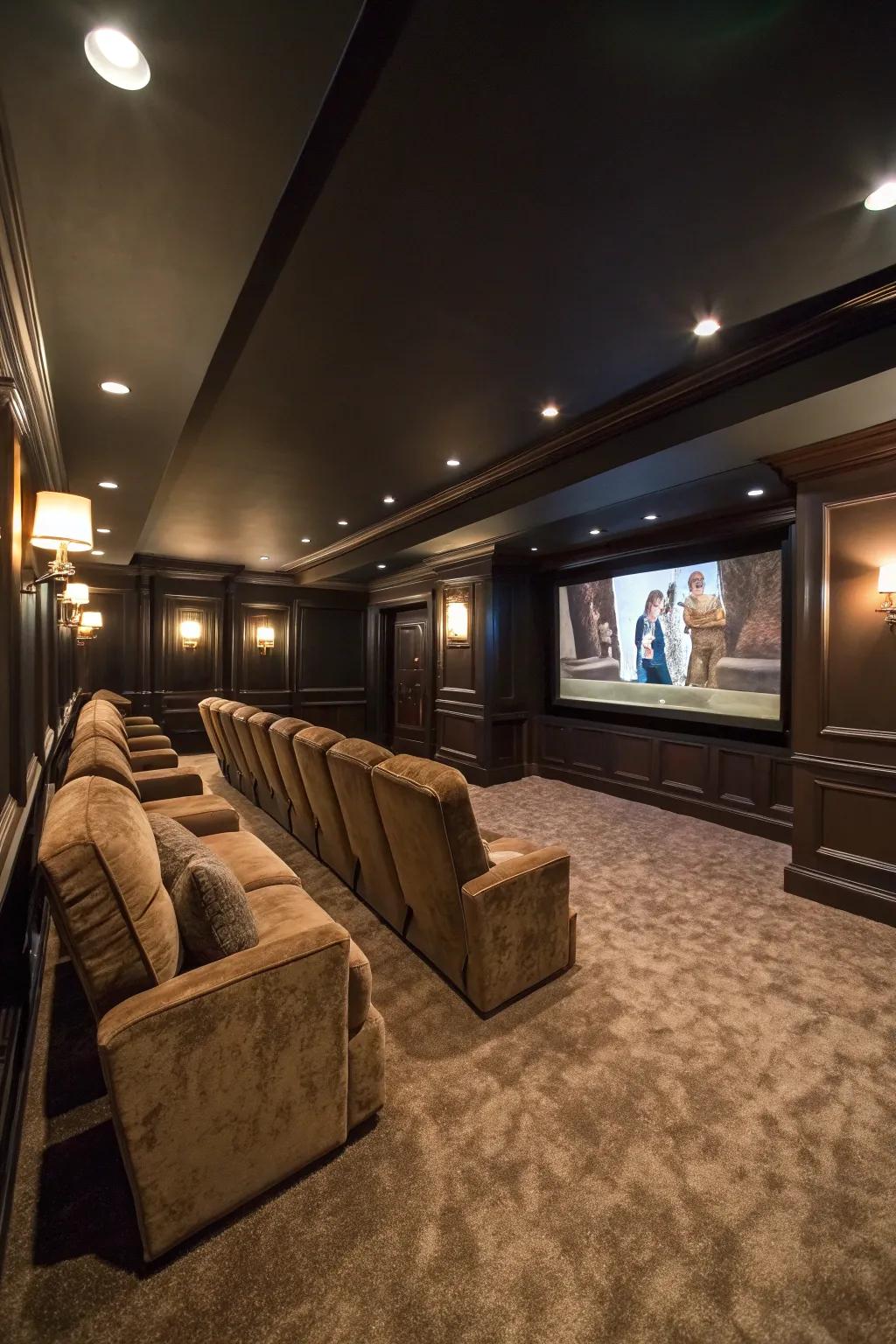 A shadowy color scheme maximizes the authentic cinema vibe inside your subterranean movie haven.