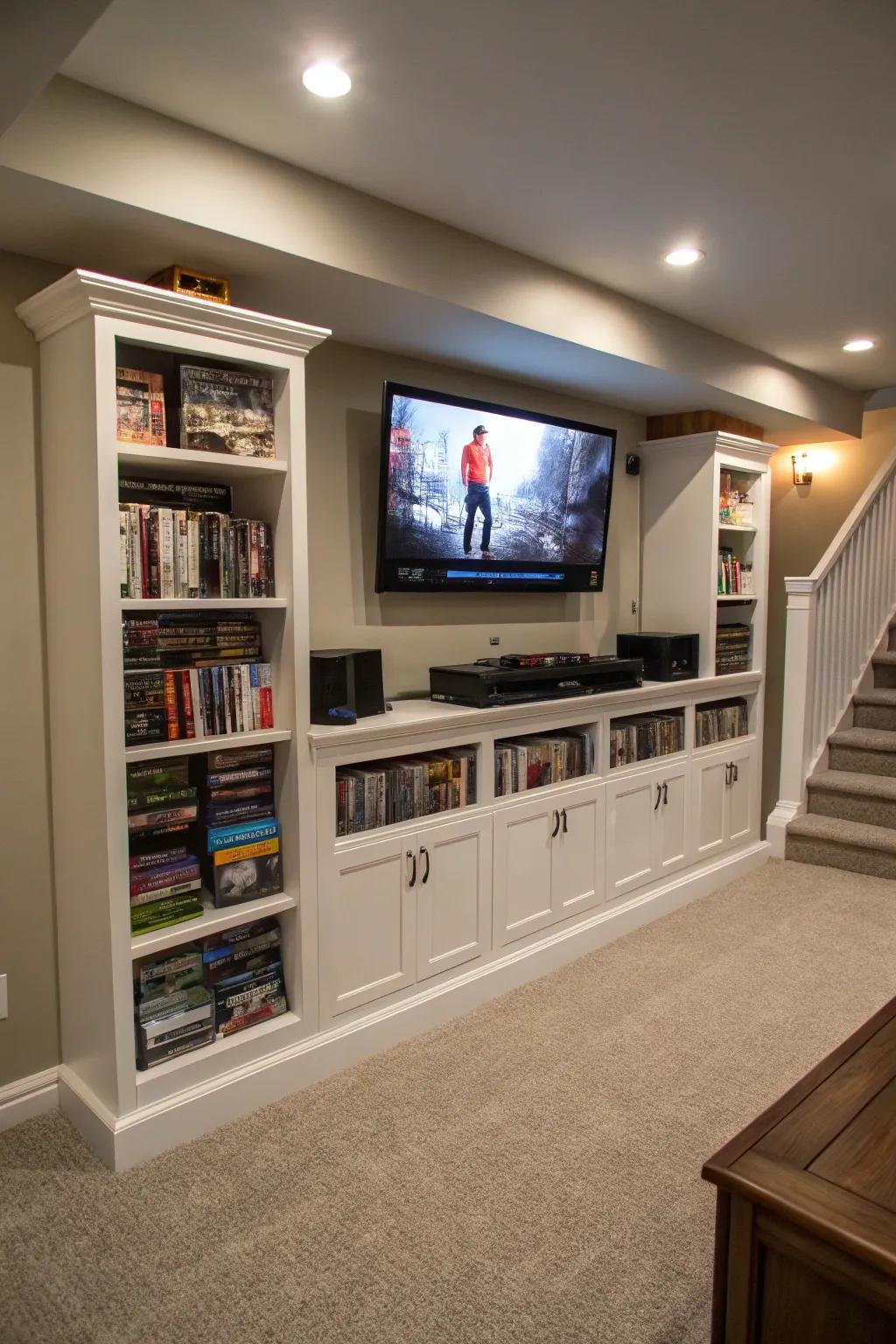 A basement TV feature showcasing media storage compartments for an uncluttered amusement area.