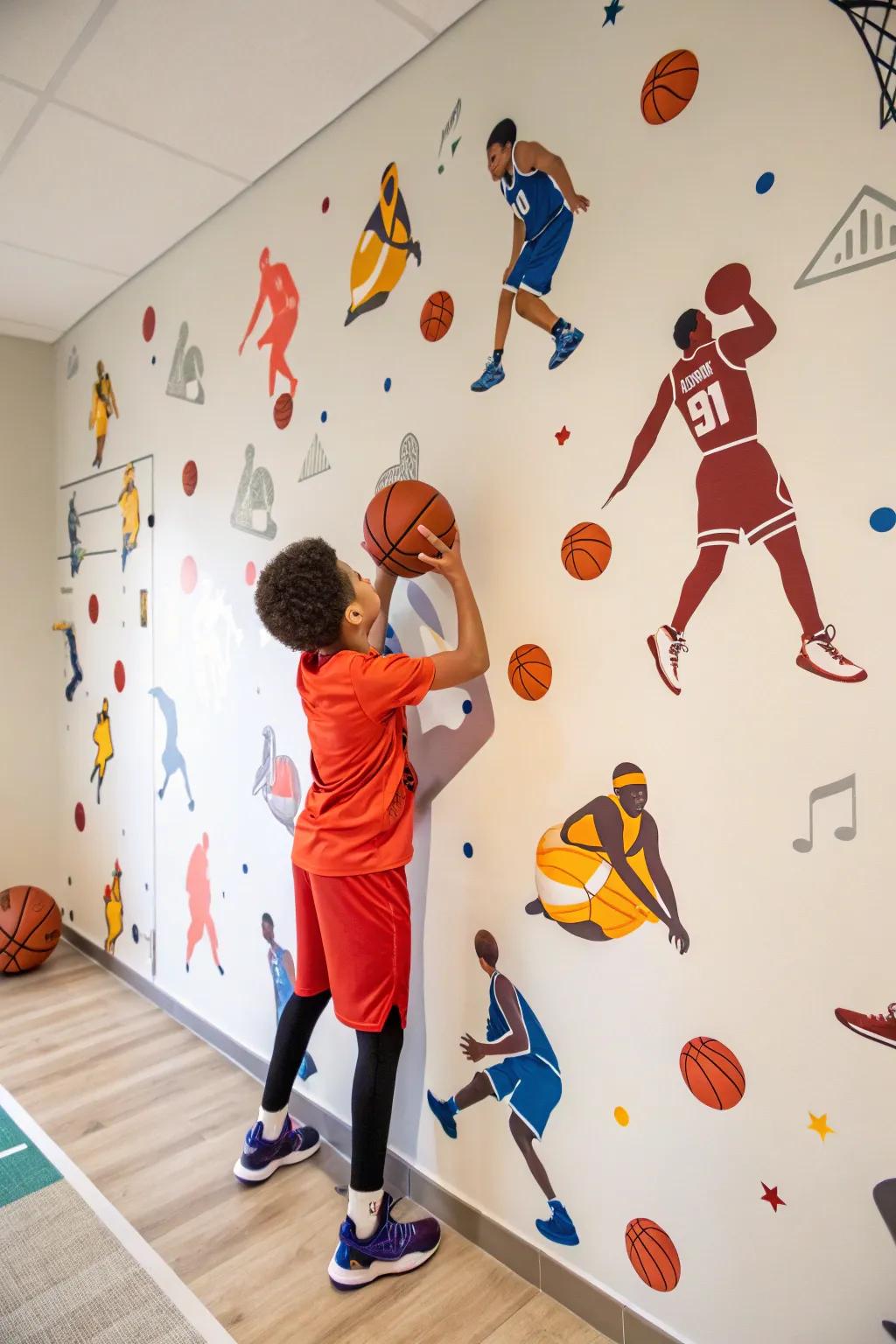 Dynamic wall decals infuse energy into the area.
