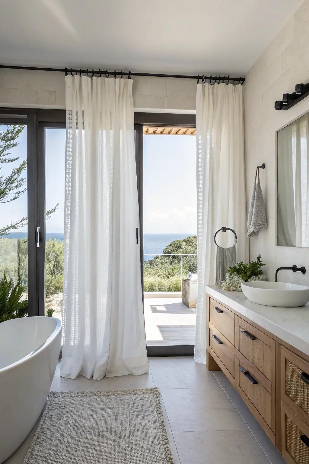 Minimalist coverings furnish a polished and contemporary aesthetic for a contemporary restroom.