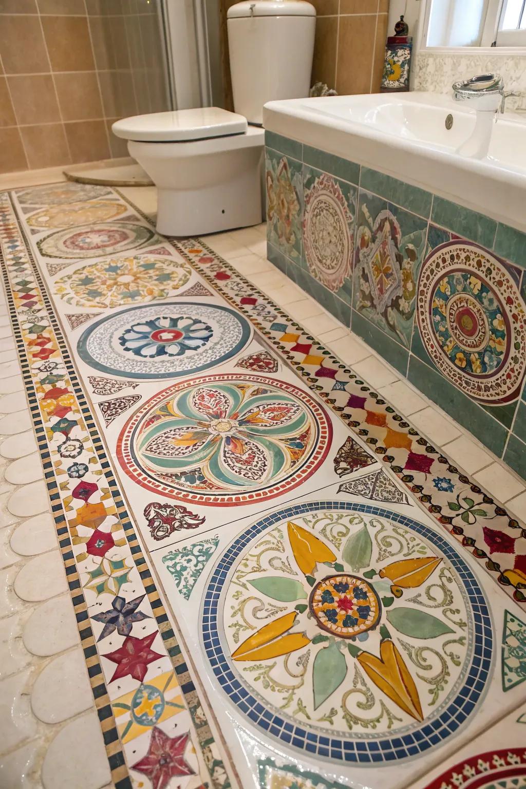 Mosaic tiling imparts vibrant, individualized panache to your restroom.