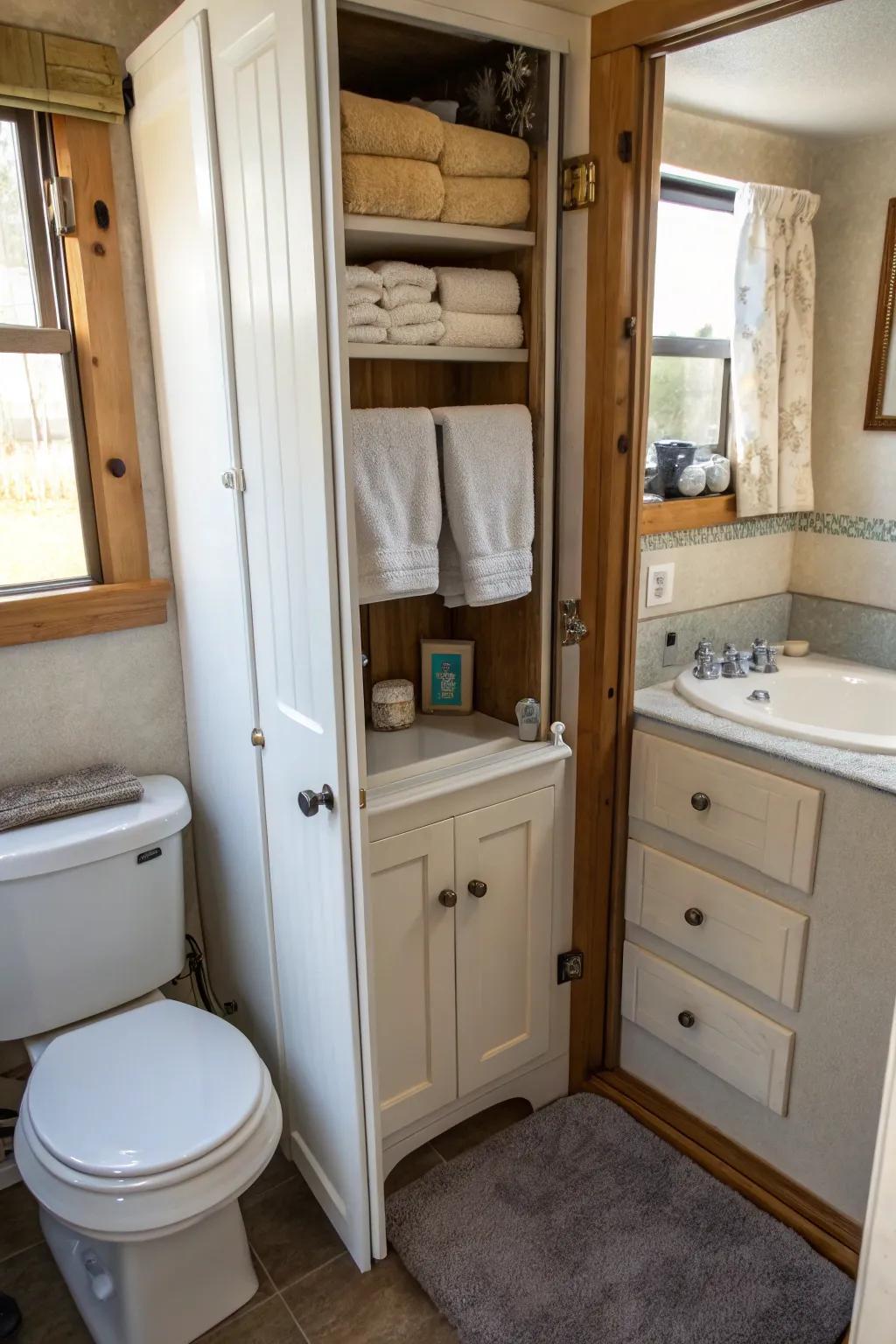 Over-the-cabinet door holders offer a discreet towel storage option.