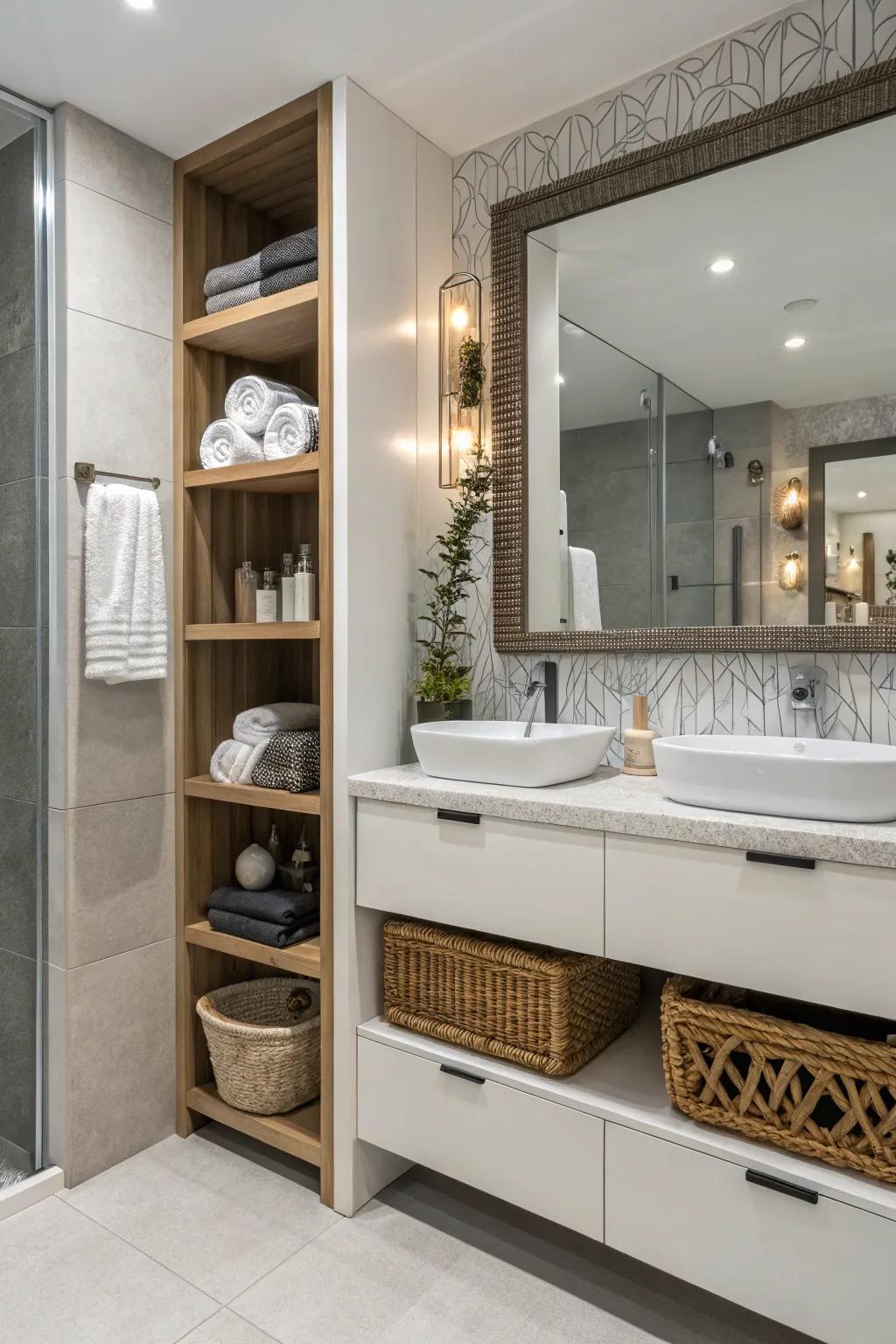 A bathroom layout that smartly uses space with creative storage solutions.