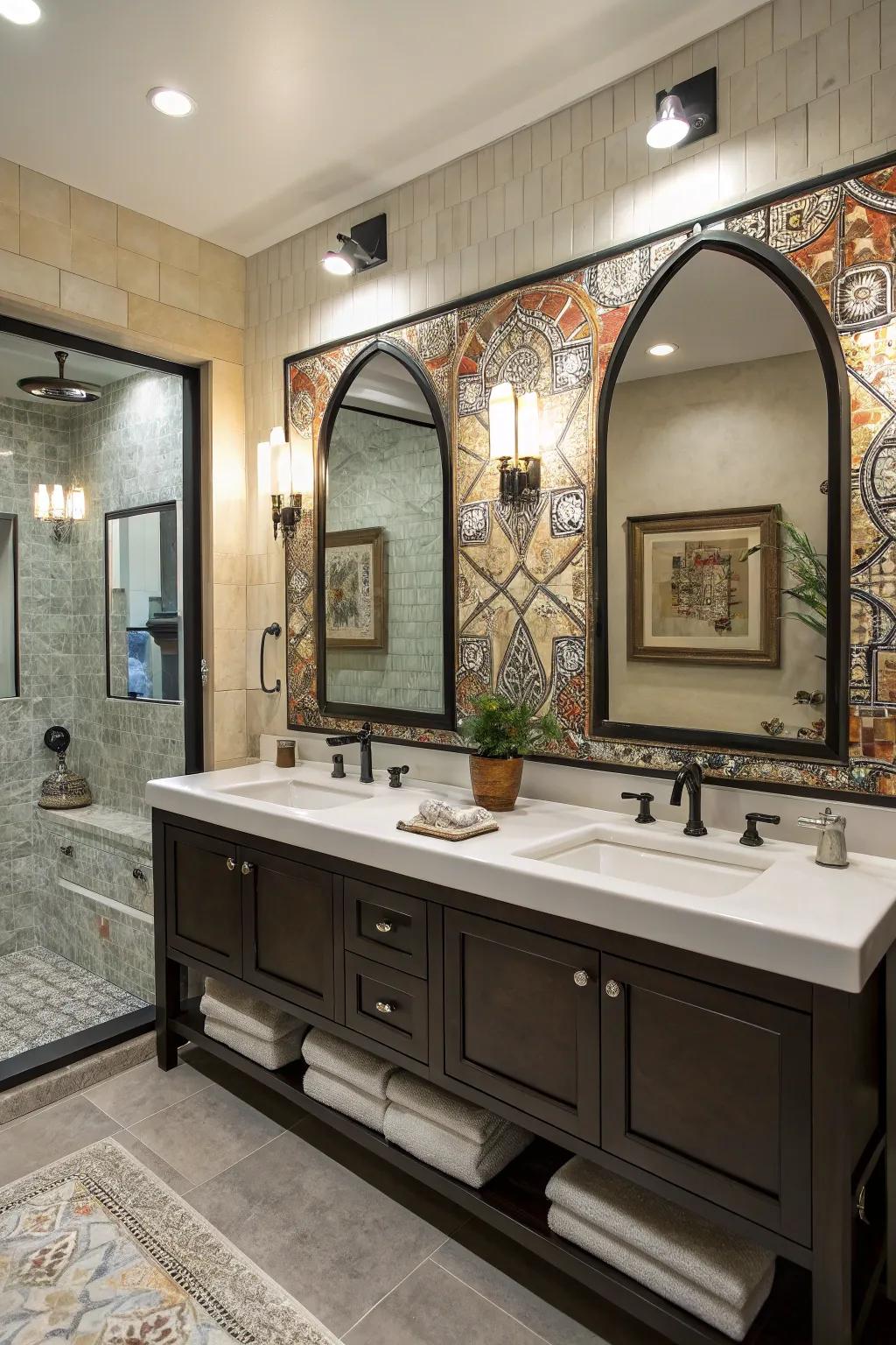 Asymmetrical mirrors introduce an artistic and unique element to the bathroom.
