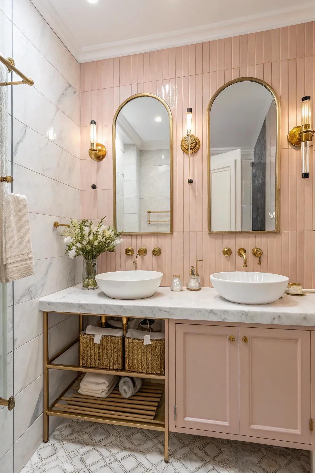Light pink walls add a stylish and warm touch to the bathroom.