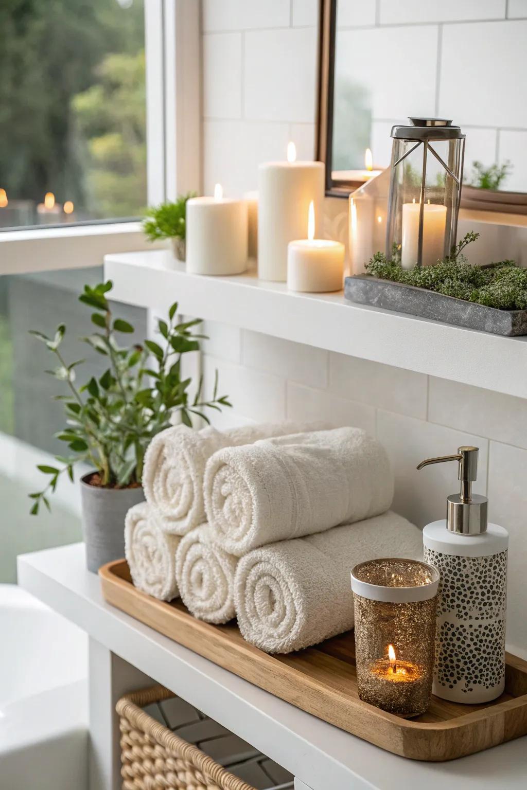 Rolled towels introduce softness and style.