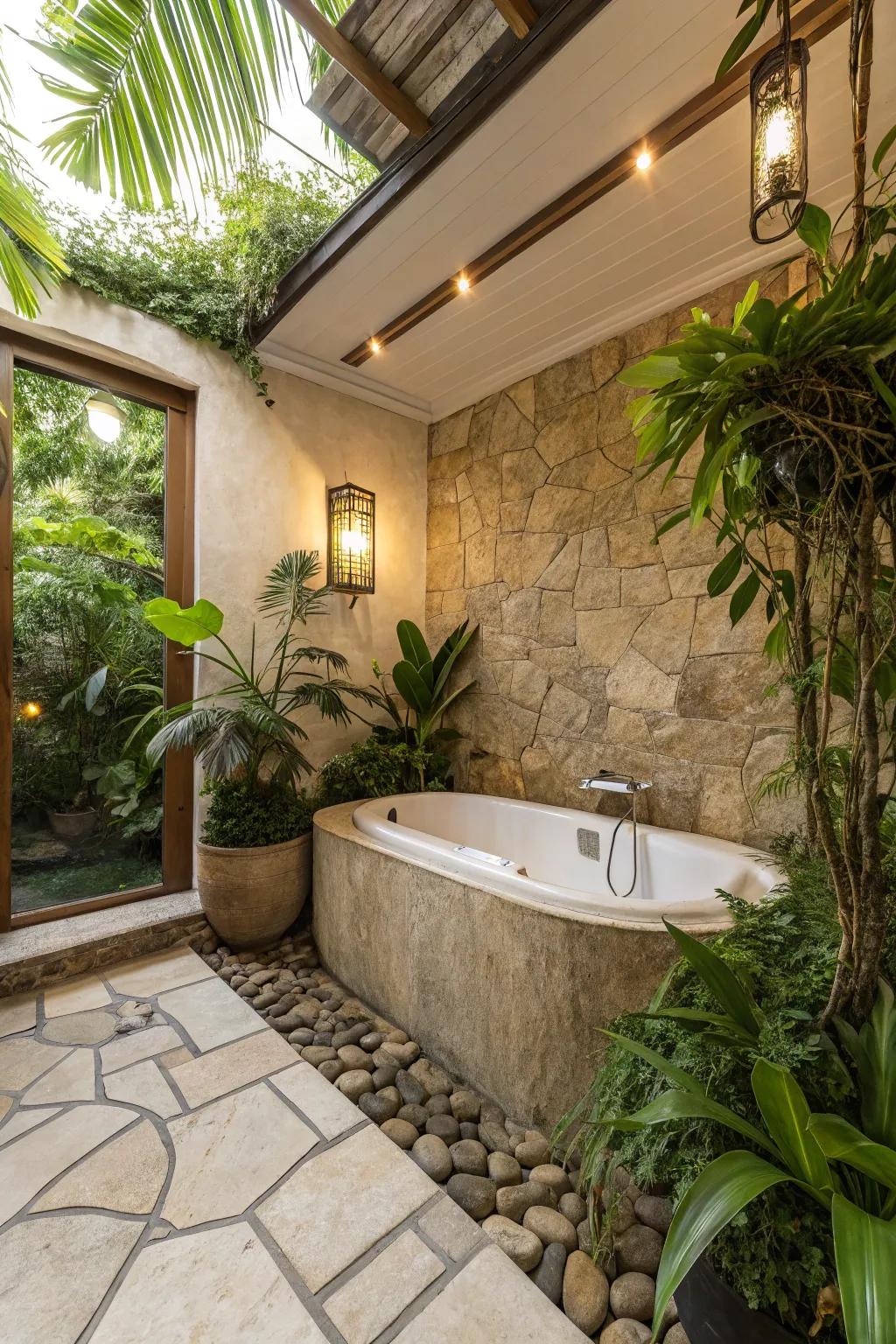 Merge greenery with natural tiles for a calming escape.