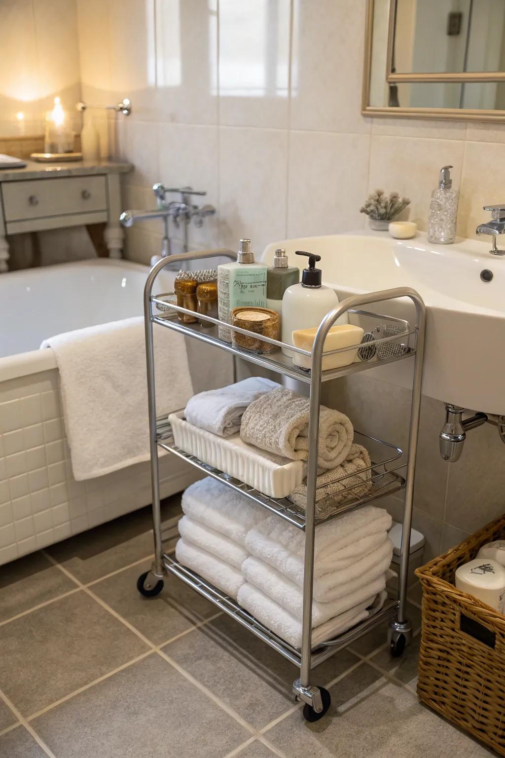 Rolling carts offer flexible and stylish towel storage solutions.