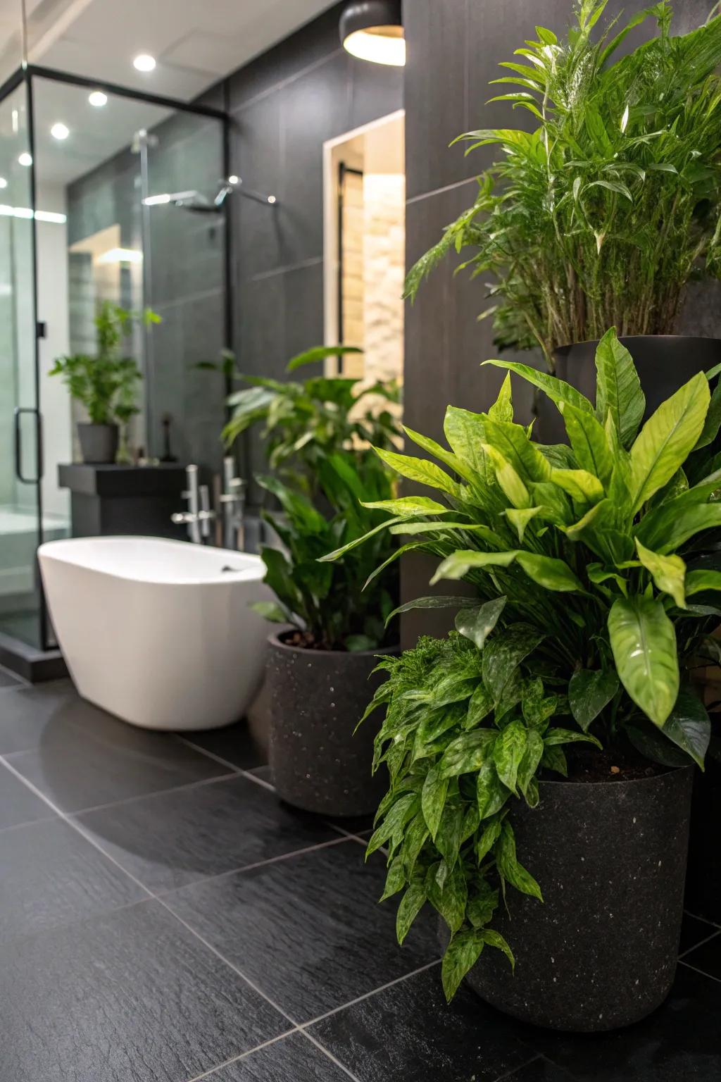 Green plants bring a refreshing touch to the elegance of a black floor.
